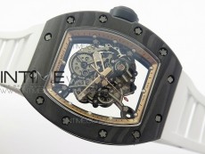 RM055 Carbon Case KVF Best Edition Carbon Bezel Skeleton Dial Black Crown on White Rubber Strap MIYOTA8215