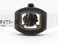 RM055 Carbon Case KVF Best Edition Carbon Bezel Skeleton Dial Black Crown on White Rubber Strap MIYOTA8215