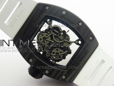 RM055 Carbon Case KVF Best Edition Carbon Bezel Skeleton Dial Black Crown on White Rubber Strap MIYOTA8215