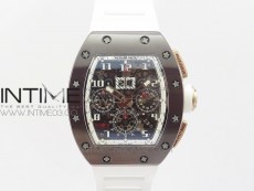 RM011 RG Case Chronograph KVF 1:1 Best Edition Black Ceramic Bezel Skeleton Dial on White Rubber Strap A7750