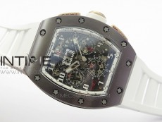 RM011 RG Case Chronograph KVF 1:1 Best Edition Black Ceramic Bezel Skeleton Dial on White Rubber Strap A7750