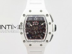RM011 Carbon Case (Blue markers) Chronograph KVF 1:1 Best Edition White Ceramic Bezel Skeleton Dial on White Rubber Strap A7750