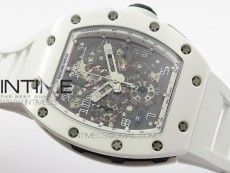 RM011 Carbon Case (Blue markers) Chronograph KVF 1:1 Best Edition White Ceramic Bezel Skeleton Dial on White Rubber Strap A7750