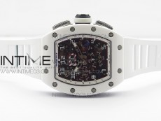 RM011 Carbon Case (Blue markers) Chronograph KVF 1:1 Best Edition White Ceramic Bezel Skeleton Dial on White Rubber Strap A7750