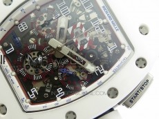 RM011 Carbon Case (Blue markers) Chronograph KVF 1:1 Best Edition White Ceramic Bezel Skeleton Dial on White Rubber Strap A7750