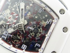 RM011 Carbon Case (Blue markers) Chronograph KVF 1:1 Best Edition White Ceramic Bezel Skeleton Dial on White Rubber Strap A7750
