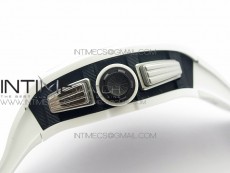 RM011 Carbon Case (Blue markers) Chronograph KVF 1:1 Best Edition White Ceramic Bezel Skeleton Dial on White Rubber Strap A7750