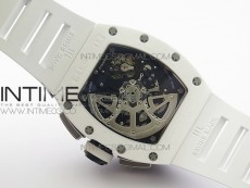 RM011 Carbon Case (Blue markers) Chronograph KVF 1:1 Best Edition White Ceramic Bezel Skeleton Dial on White Rubber Strap A7750