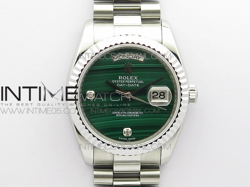 Day date 116264 36mm SS EDF Best Edition Green Malachite Dial Crystal Markers on SS President Bracelet A2836