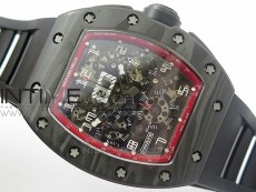 RM011 Carbon Case Chronograph KVF 1:1 Best Edition Carbon Case Bezel Skeleton Dial on Black Rubber Strap A7750