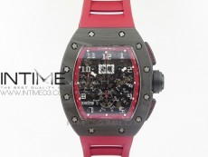 RM011 Carbon Case Chronograph KVF 1:1 Best Edition Carbon Case Bezel Skeleton Dial on Red Rubber Strap A7750