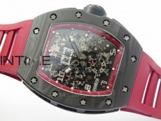 RM011 Carbon Case Chronograph KVF 1:1 Best Edition Carbon Case Bezel Skeleton Dial on Red Rubber Strap A7750