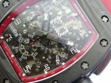 RM011 Carbon Case Chronograph KVF 1:1 Best Edition Carbon Case Bezel Skeleton Dial on Red Rubber Strap A7750