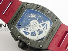 RM011 Carbon Case Chronograph KVF 1:1 Best Edition Carbon Case Bezel Skeleton Dial on Red Rubber Strap A7750