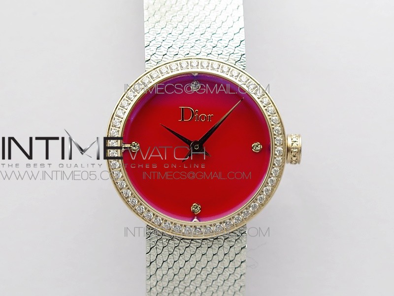 La d de dior satine SS/RG Crystal Bezel 8848F 1:1 Best Edition  Red Dial on SS bracelet Swiss Quartz