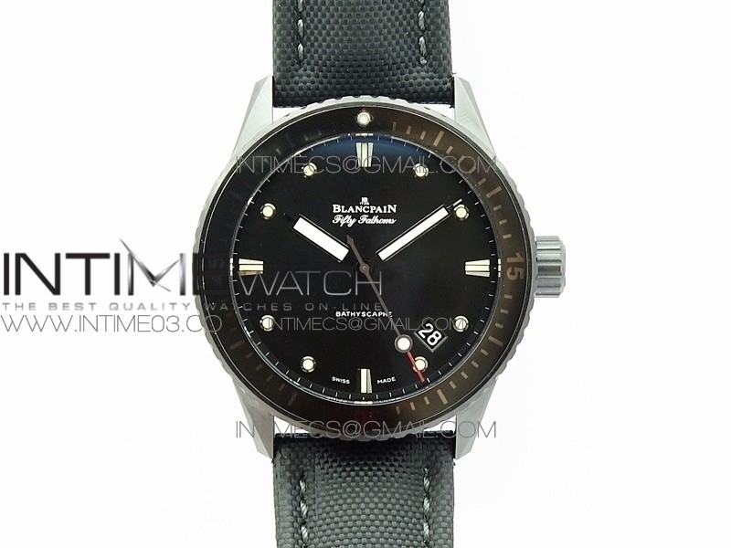Fifty Fathoms Bathyscaphe Black Ceramic GF 1:1 Best Edition Black Dial on Black Sail-Canvas Strap A1315 (Free Rubber Strap)