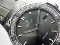 Classic Fusion 42mm SS Paved Diamonds Bezel B50F Gray Dial On Gray Gummy Strap A2892