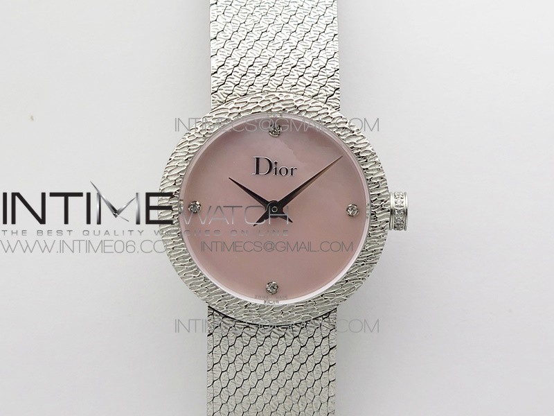 La D de dior Satine SS Case 8848F 1:1 Best Edition MOP Pink Dial on SS bracelet Swiss Quartz