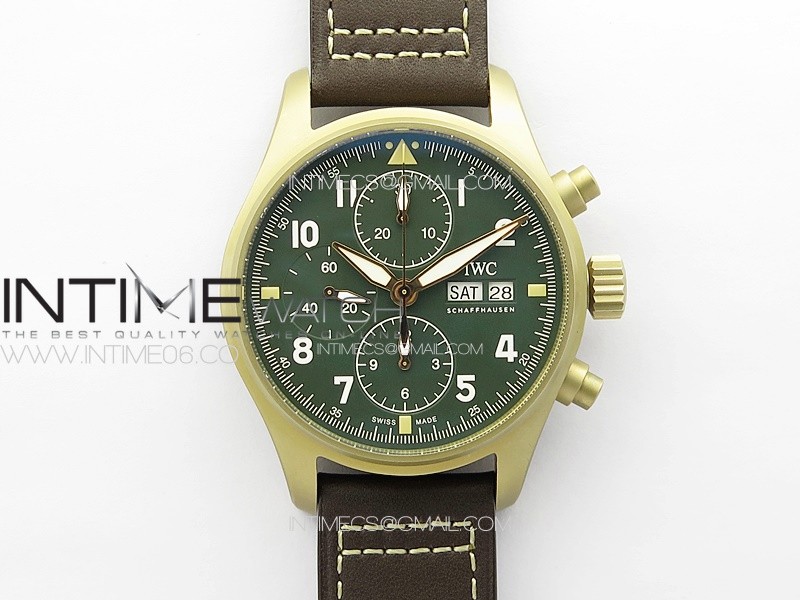 Pilot Chrono Spitfire IW387902 Bronze ZF 1:1 Best Edition Green Dial on Brown Leather Strap A7750
