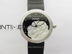 Mademoiselle Prive SS TF Best Edition Black Dial Silver Flower Crystal Bezel On Black Leather strap