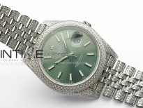 DateJust 41 126334 Full Paved Diamonds BP Best Edition Green Dial Sticks Markers on Jubilee Bracelet A2824