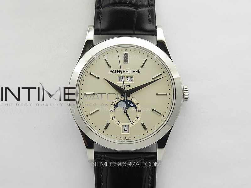 Annual Calendar Moonphase 5396 SS PPF 1:1 Best Edition Cream Dial on Black Leather Strap PPF324