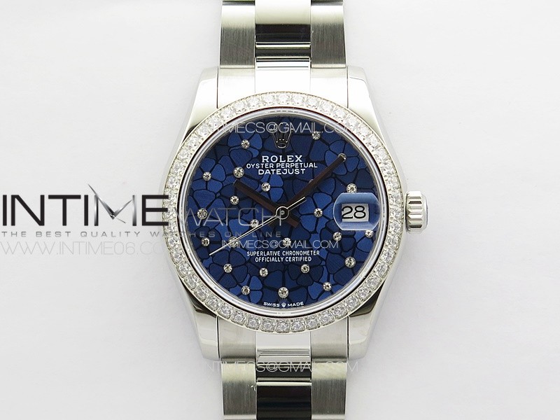 DateJust 31mm 72610 Crystals Bezel SS APSF Best Edition Blue Flowers Crystals Dial on Oyster Bracelet A2824