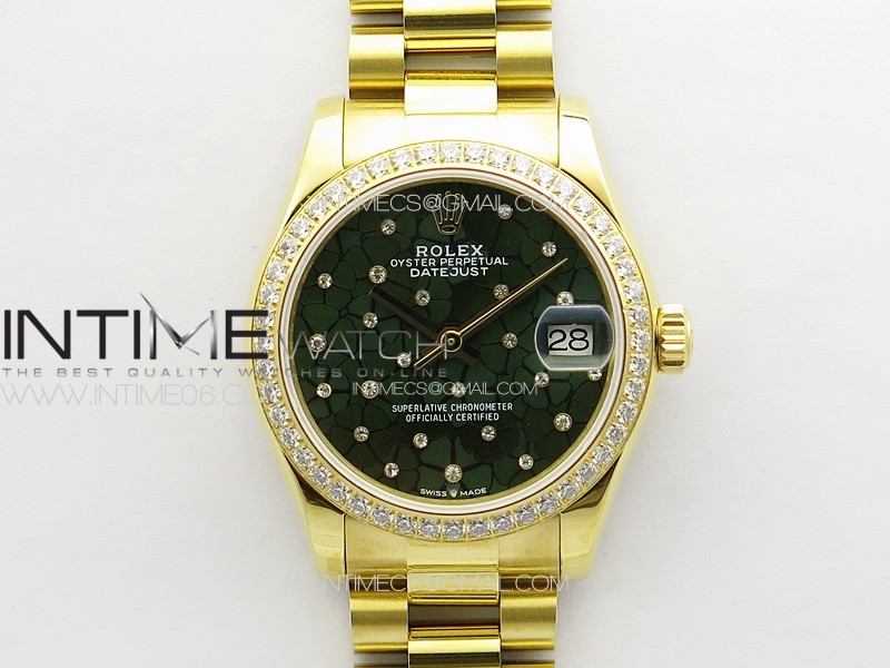 DateJust 31mm YG APSF Best Edition Green Flowers Crystals Dial on President Bracelet A2824