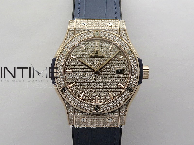 Classic Fusion 42mm RG Paved Diamonds Case And Bezel B50F Paved Diamonds Dial On Blue Gummy Strap A2892