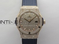 Classic Fusion 42mm RG Paved Diamonds Case And Bezel B50F Paved Diamonds Dial On Blue Gummy Strap A2892