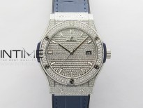 Classic Fusion 42mm SS Paved Diamonds Case And Bezel B50F Paved Diamonds Dial On Blue Gummy Strap A2892