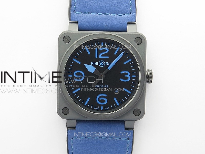 BR 03-92 Real Ceramic 1:1 Best Edition Black Dial Blue Markers on Blue Leather Strap MIYOTA 9015