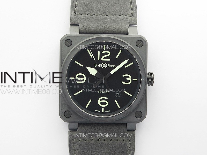 BR 03-92 Real Ceramic 1:1 Best Edition Black Dial Green Markers on Black Leather Strap MIYOTA 9015