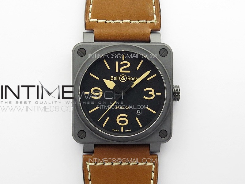 BR 03-92 Real Ceramic 1:1 Best Edition Black Dial Green Markers on Brown Leather Strap MIYOTA 9015