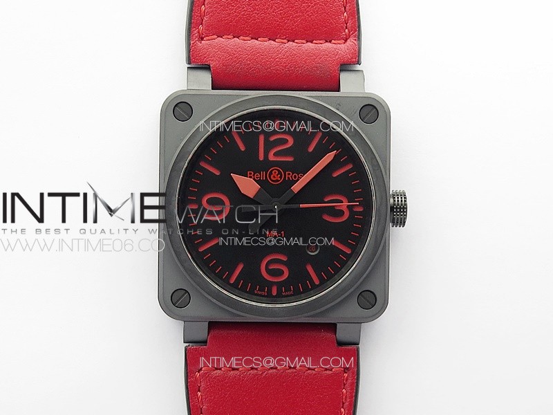 BR 03-92 Real Ceramic 1:1 Best Edition Black Dial Red Markers on Red Leather Strap MIYOTA 9015