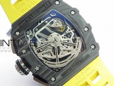 RM011 Carbon Case Chrono KVF 1:1 Best Edition Crystal Skeleton Yellow Dial on Yellow Rubber Strap A7750