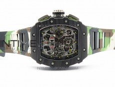 RM011 Carbon Case Chrono KVF 1:1 Best Edition Crystal Skeleton Yellow Dial on Camouflage Rubber Strap A7750
