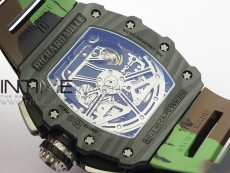 RM011 Carbon Case Chrono KVF 1:1 Best Edition Crystal Skeleton Yellow Dial on Camouflage Rubber Strap A7750