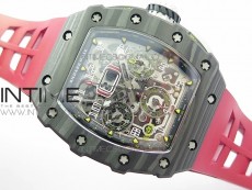 RM011 Carbon Case Chrono KVF 1:1 Best Edition Crystal Skeleton Yellow Dial on Red Rubber Strap A7750