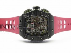 RM011 Carbon Case Chrono KVF 1:1 Best Edition Crystal Skeleton Yellow Dial on Red Rubber Strap A7750