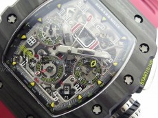 RM011 Carbon Case Chrono KVF 1:1 Best Edition Crystal Skeleton Yellow Dial on Red Rubber Strap A7750