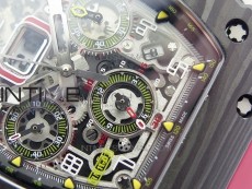 RM011 Carbon Case Chrono KVF 1:1 Best Edition Crystal Skeleton Yellow Dial on Red Rubber Strap A7750