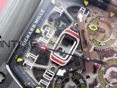 RM011 Carbon Case Chrono KVF 1:1 Best Edition Crystal Skeleton Yellow Dial on Red Rubber Strap A7750