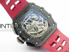 RM011 Carbon Case Chrono KVF 1:1 Best Edition Crystal Skeleton Yellow Dial on Red Rubber Strap A7750
