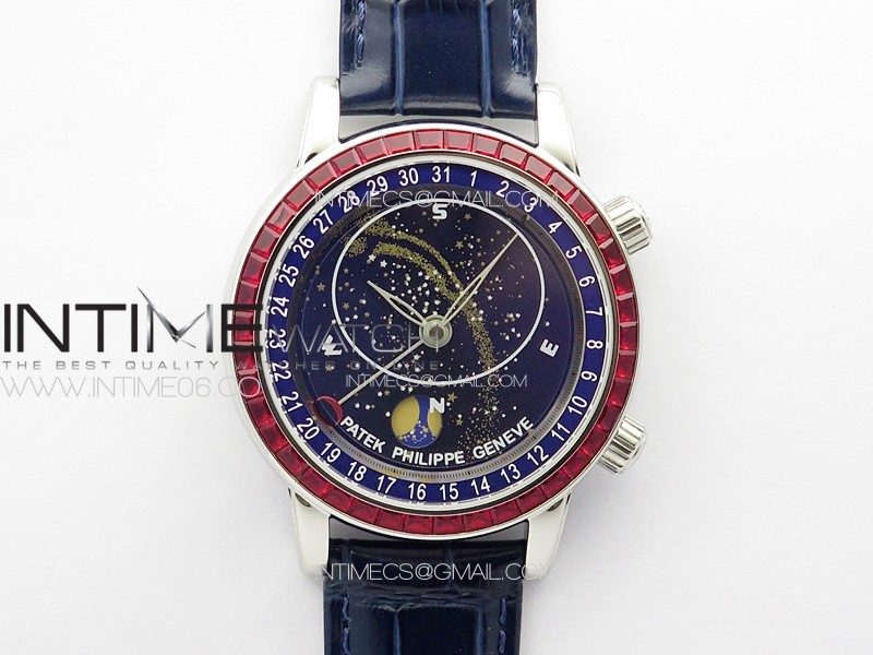 6104P Moon SS 3EF Best Edition Blue Dial Red T Diamond Bezel on Blue Leather Strap A240