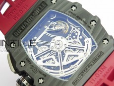 RM011 Carbon Case Chrono KVF 1:1 Best Edition Crystal Skeleton Yellow Dial on Red Rubber Strap A7750