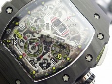 RM011 Carbon Case Chrono KVF 1:1 Best Edition Crystal Skeleton Yellow Dial on Black Rubber Strap A7750