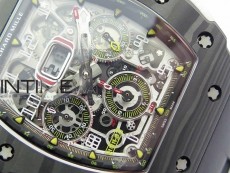 RM011 Carbon Case Chrono KVF 1:1 Best Edition Crystal Skeleton Yellow Dial on Black Rubber Strap A7750