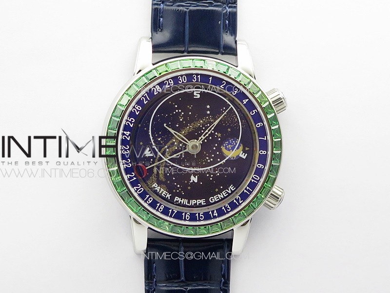 6104P Moon SS 3EF Best Edition Blue Dial Green T Diamond Bezel on Blue Leather Strap A240