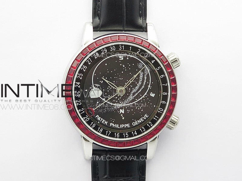 6104P Moon SS 3EF Best Edition Black Dial Red T Diamond Bezel on Black Leather Strap A240